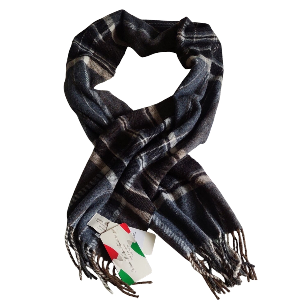 Italian Woolen Treasures Plaid 100% Wool Size 12x70 Scarf